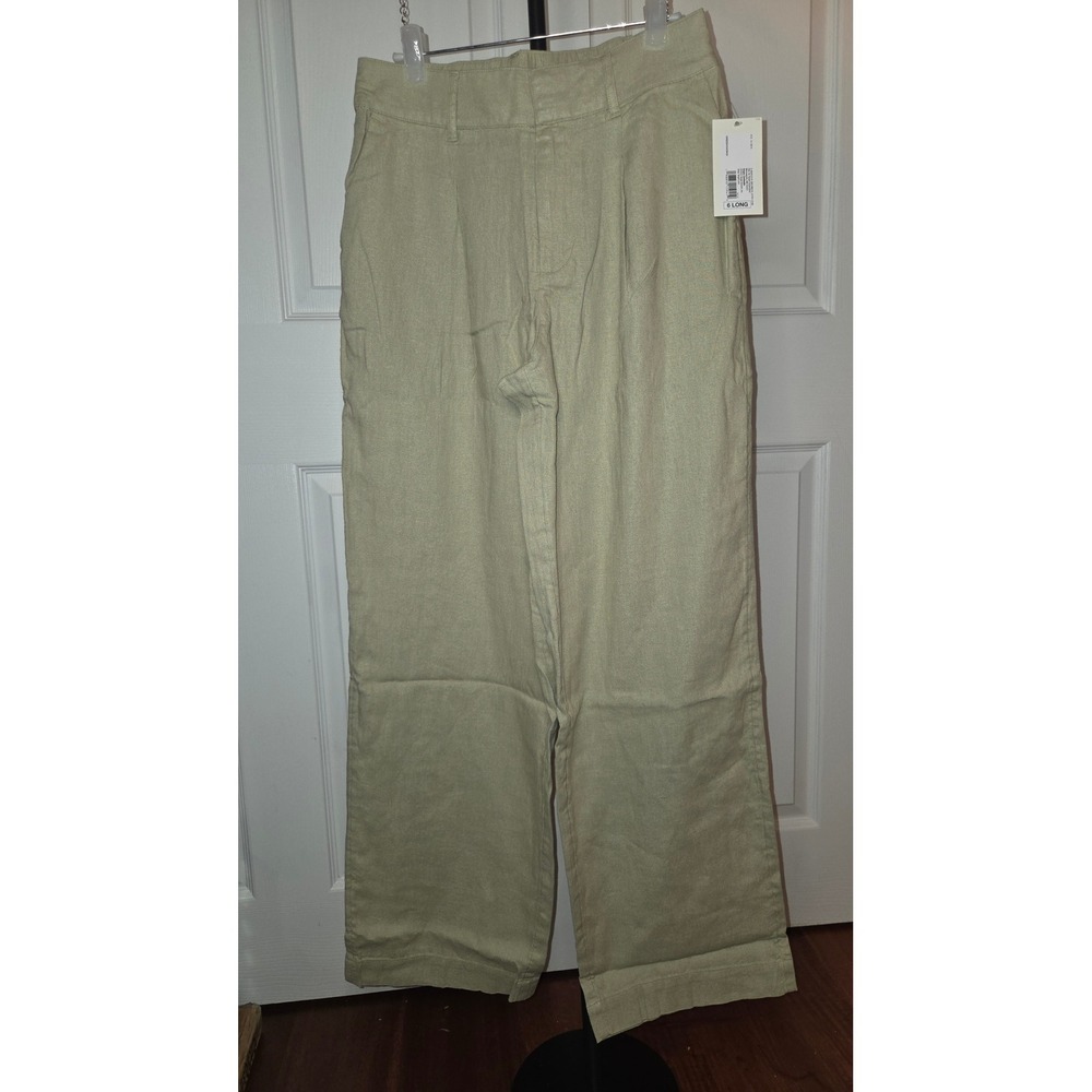 A New Day Light Green Linen Blend Wide Leg Pleated High Rise Pants 6 Long NWT